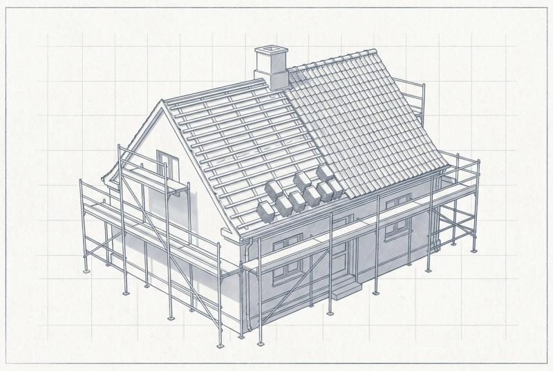 Illustration af et hus under tagrenovering med stillads, hvor halvdelen af tagstenene er taget af