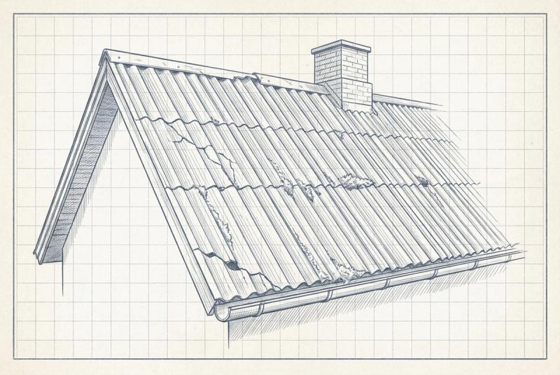 Illustration af et ældre hus med bølgeplader af asbestcement, hvor to plader er revnede