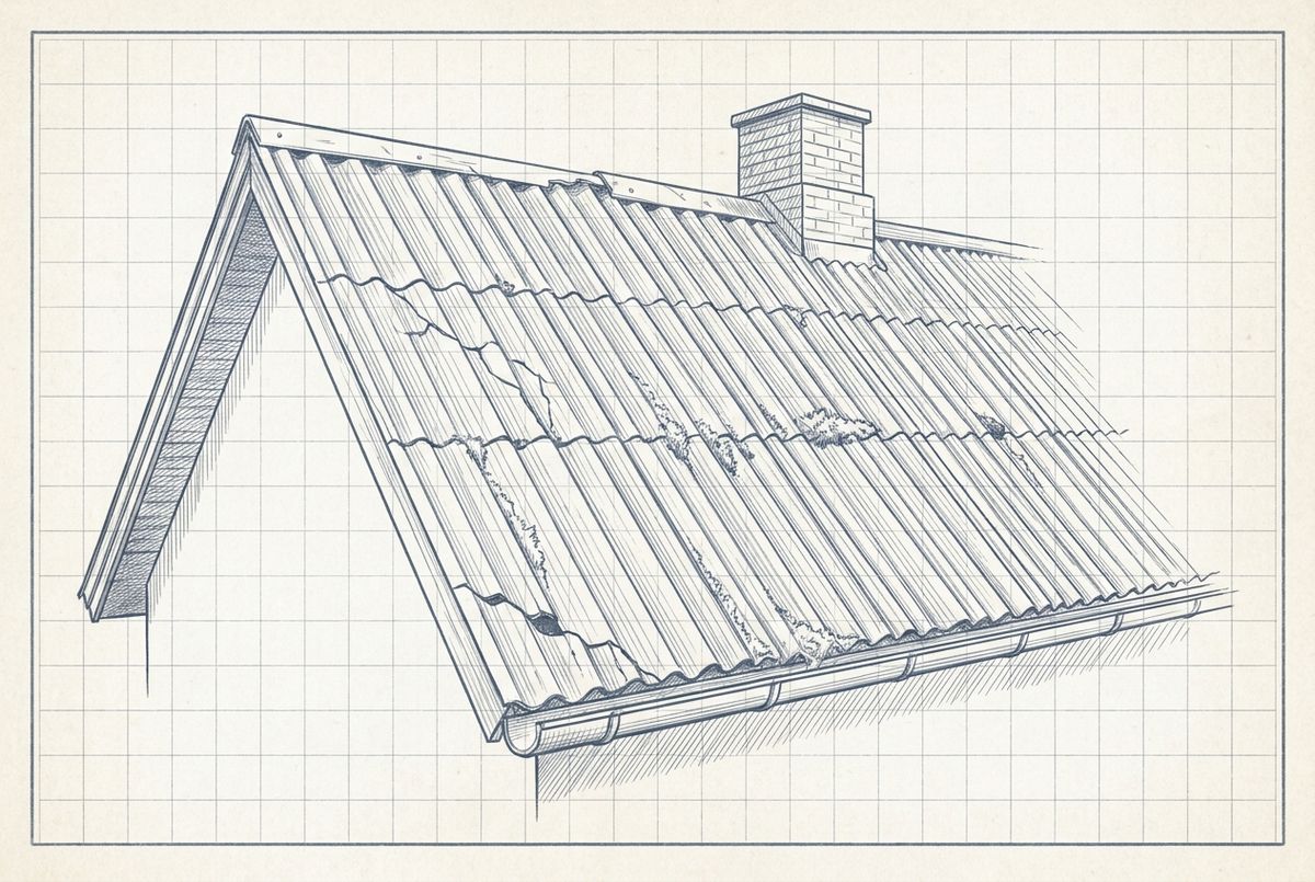 Illustration af et ældre hus med bølgeplader af asbestcement, hvor to plader er revnede