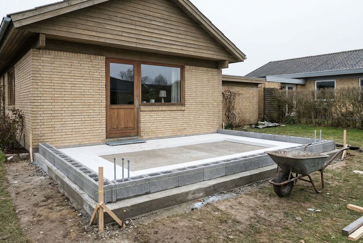 Støbt fundament med sokkel og isolering til en udestue ved et dansk parcelhus