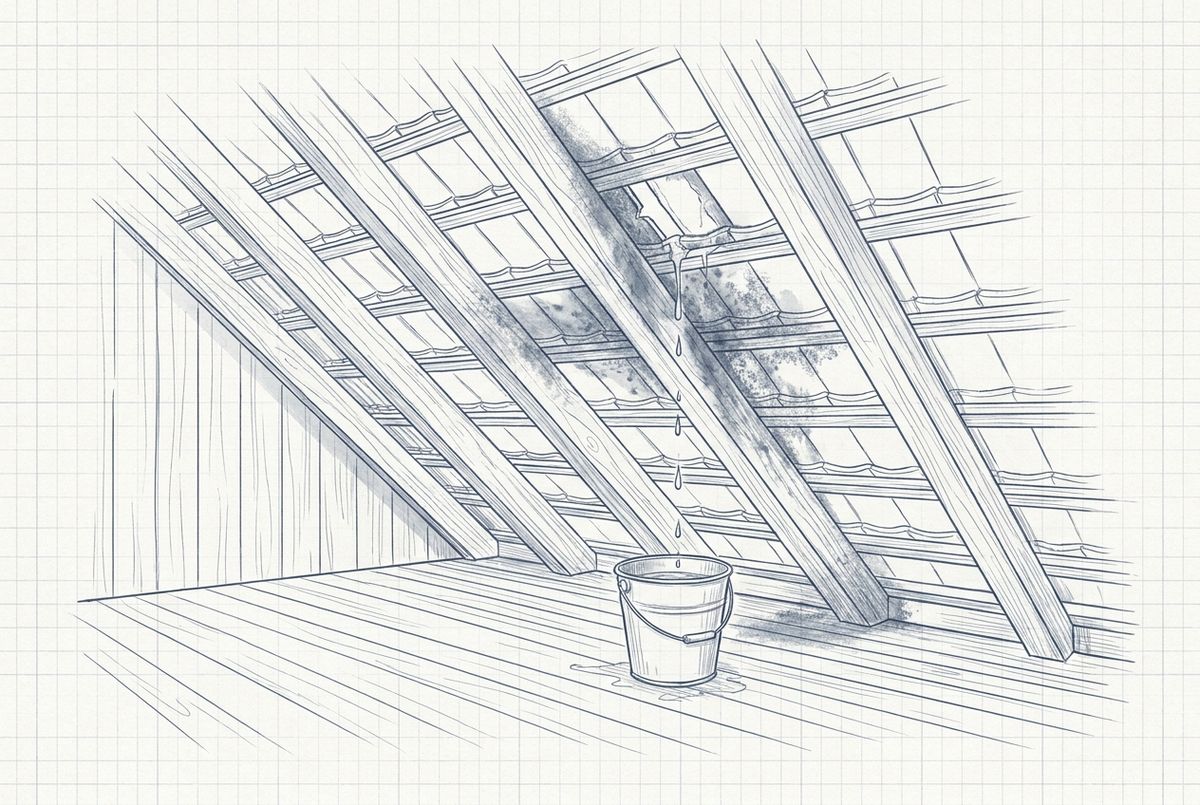 Illustration af et loftsrum, hvor vand drypper fra taget ned i en spand
