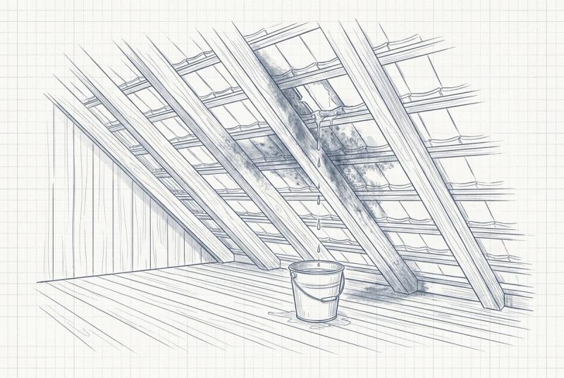 Illustration af et loftsrum, hvor vand drypper fra taget ned i en spand