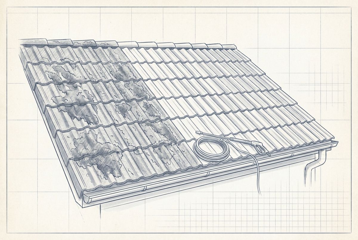 Illustration af et tegltag, hvor den ene halvdel er dækket af mos og alger, og den anden er renset og malet
