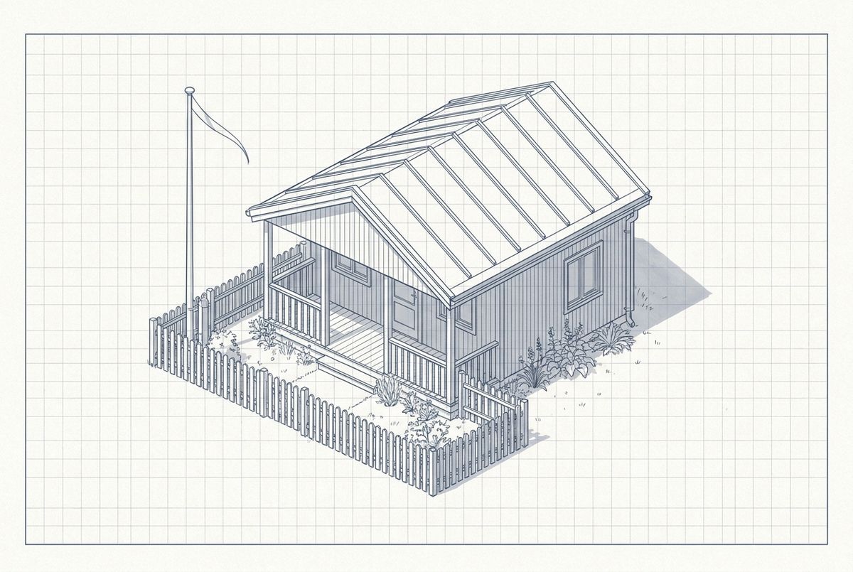 Illustration af et kolonihavehus med nyt tagpaptag, overdækket terrasse, stakit og flagstang