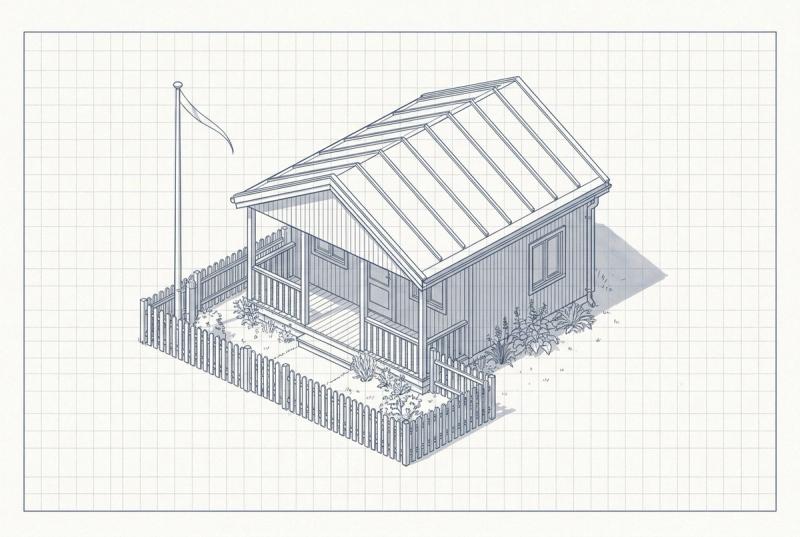Illustration af et kolonihavehus med nyt tagpaptag, overdækket terrasse, stakit og flagstang