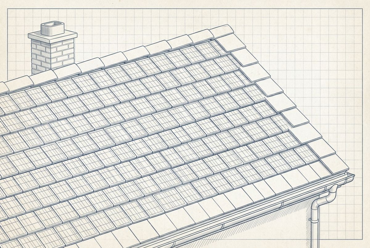 Illustration af et tag belagt med integrerede solcelletagsten, der ligger plant i tagfladen som almindelige tagsten