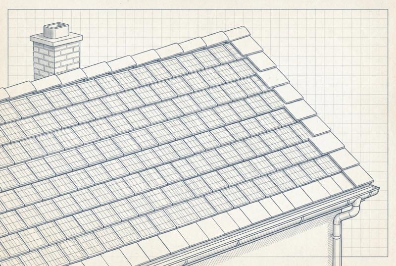 Illustration af et tag belagt med integrerede solcelletagsten, der ligger plant i tagfladen som almindelige tagsten