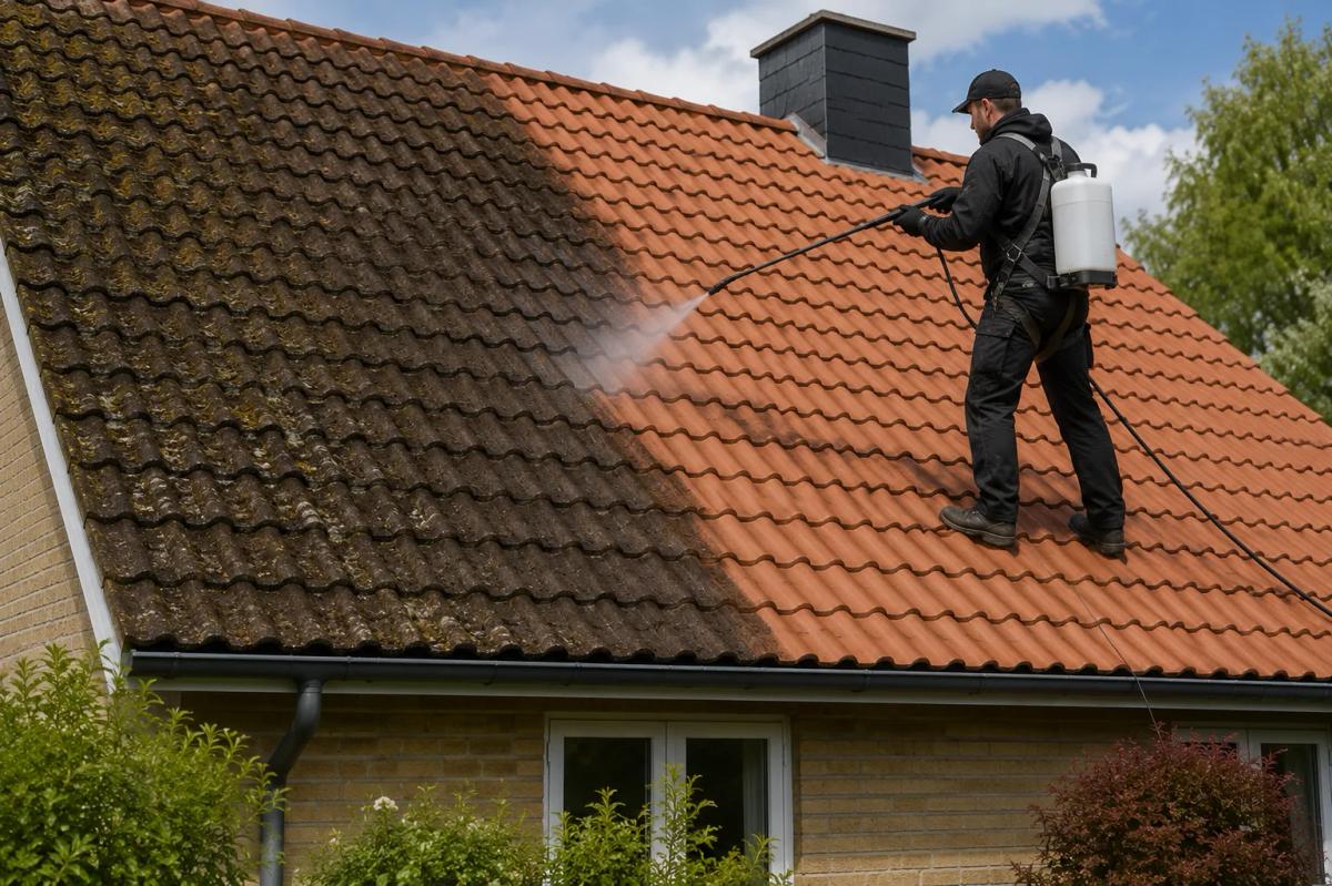 Mand udfører algerens af tegltag