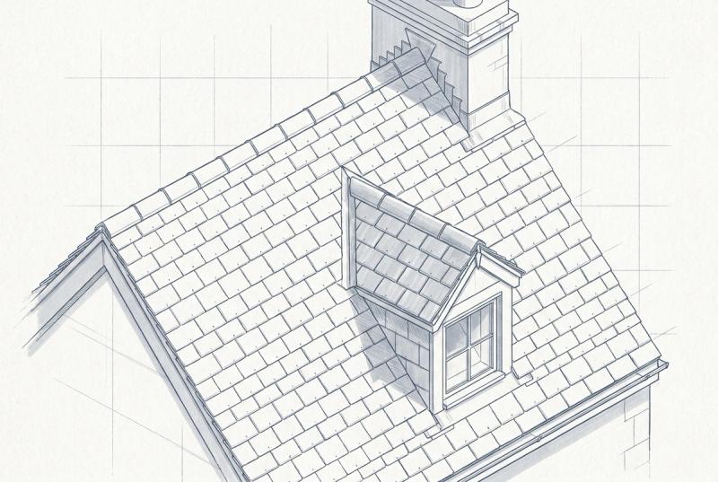 Illustration af et stejlt skifertag med kvist og skorsten