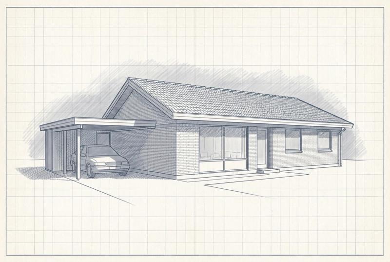 Illustration af et 70'er parcelhus i ét plan med nyt betontegltag, brede udhæng og carport
