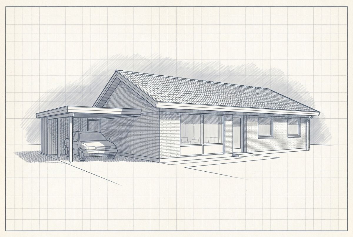 Illustration af et 70'er parcelhus i ét plan med nyt betontegltag, brede udhæng og carport