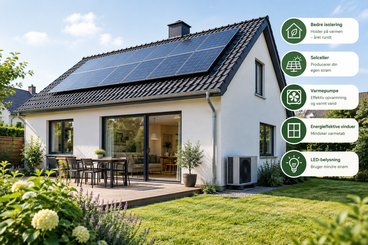 Hvidt hus med solceller på taget, terrasse og have