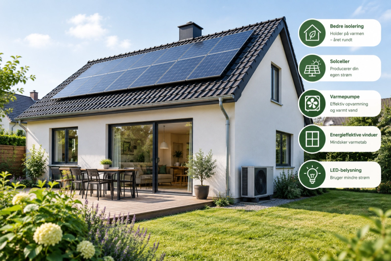 Hvidt hus med solceller på taget, terrasse og have