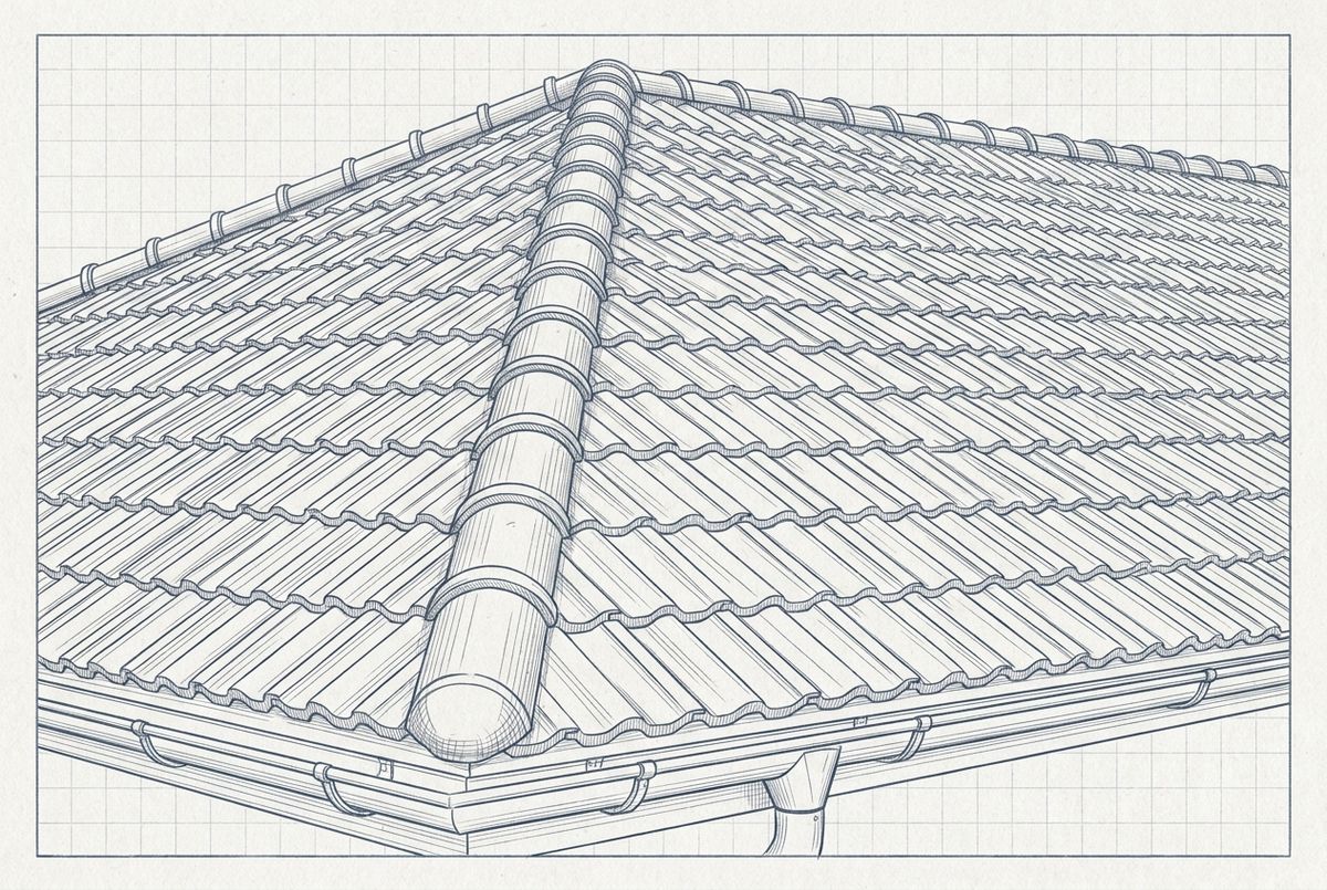 Illustration af et tag belagt med betontagsten i lige rækker med rygningssten øverst