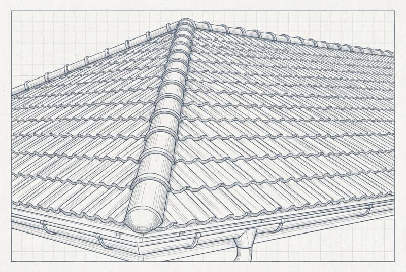 Illustration af et tag belagt med betontagsten i lige rækker med rygningssten øverst