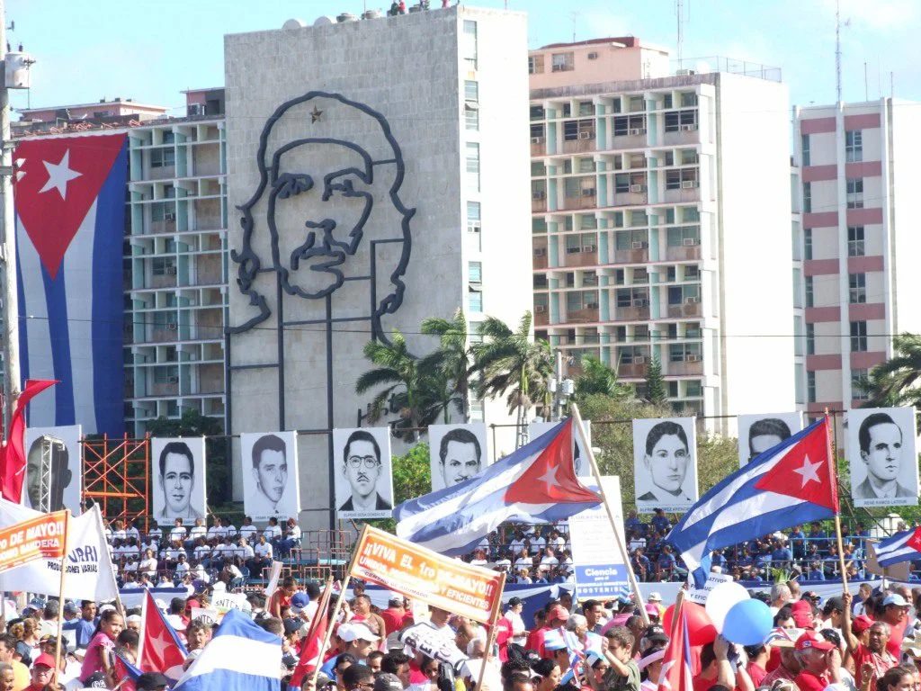 A May Day gathering with Cuban flags in Havana’s Plaza de la Revolución.
