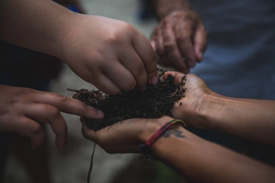 students in Puerto Rico transfer seeds and dirt from hand to hand
