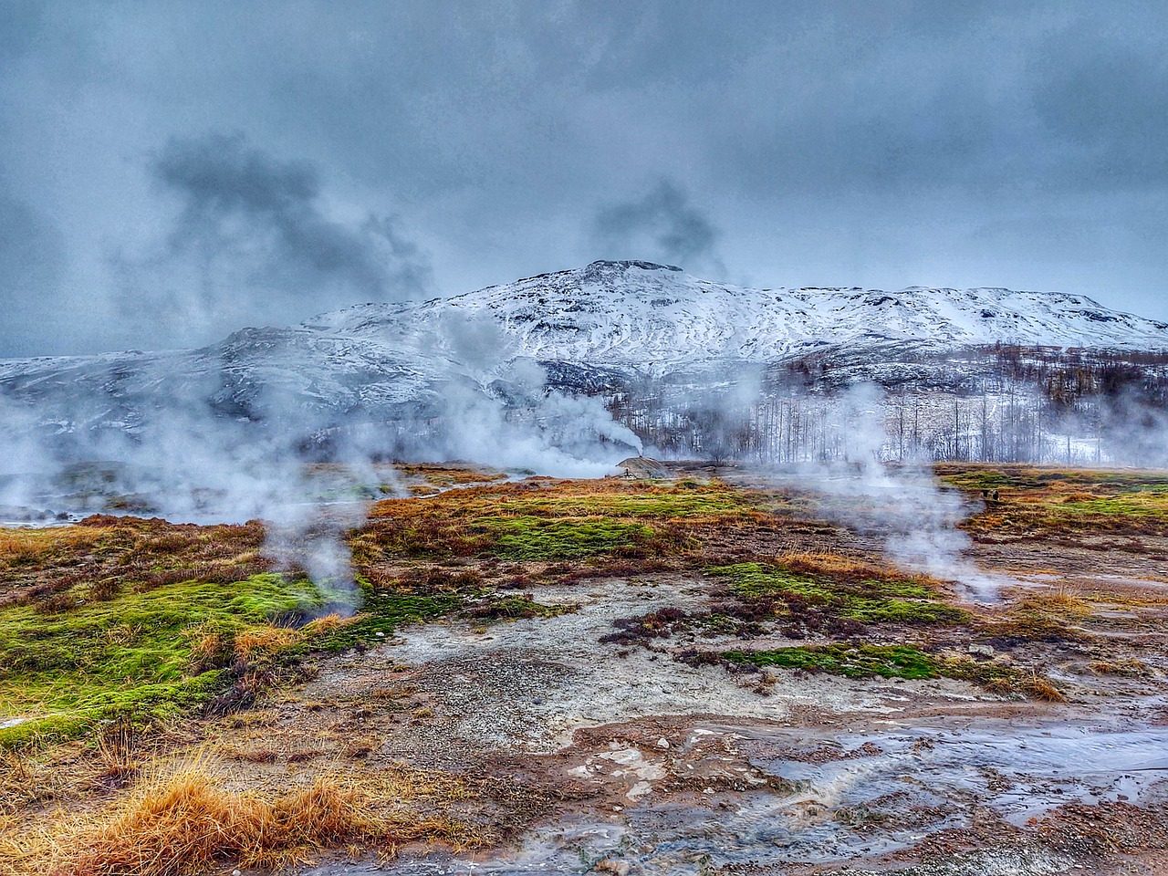 Steam rising from geothermal vents in a mossy landscape beneath snow-covered mountains in Iceland.