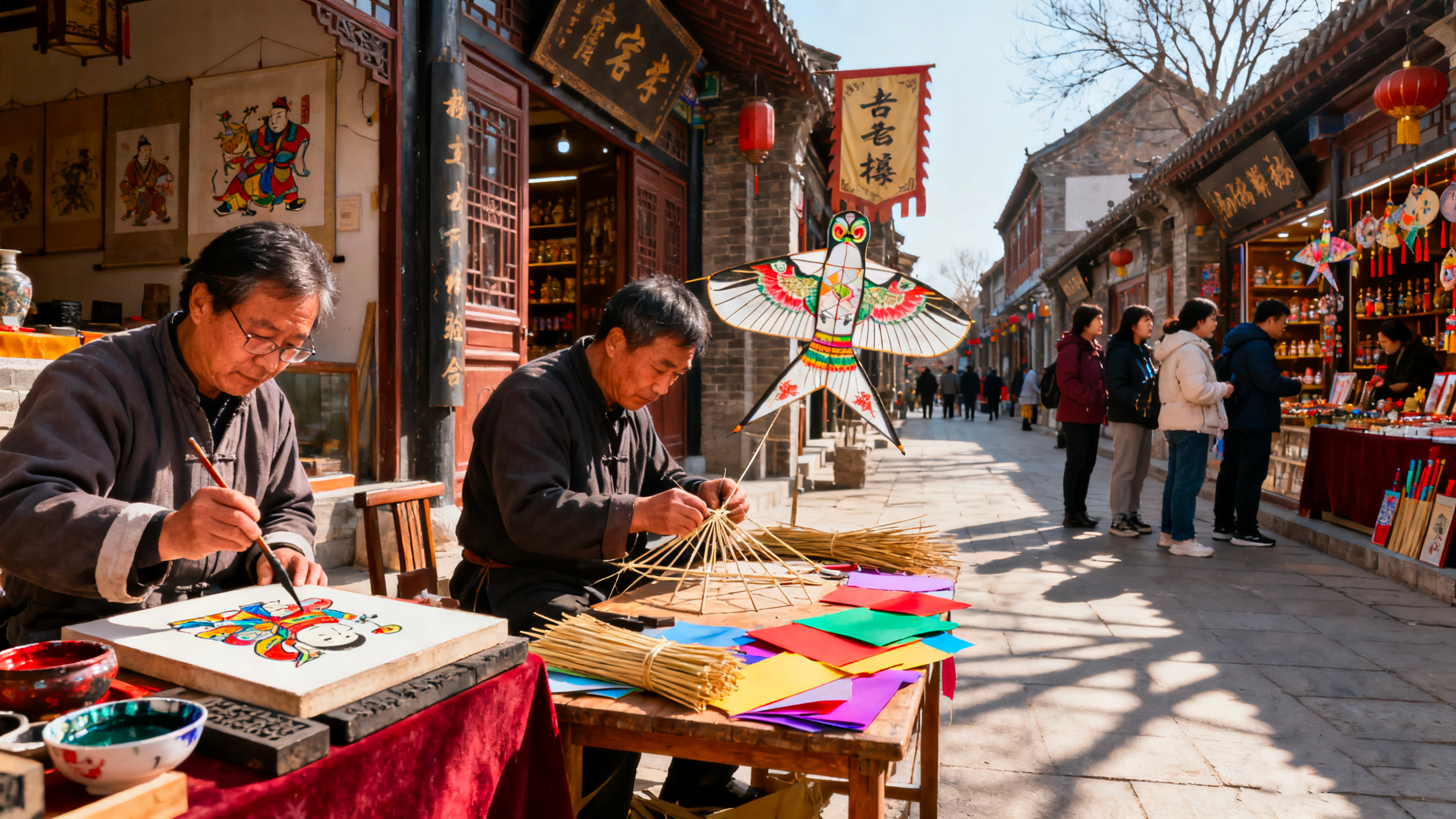 🎨 Folk Arts: Weifang Yangjiabu New Year prints, kite making, ancient shopping street