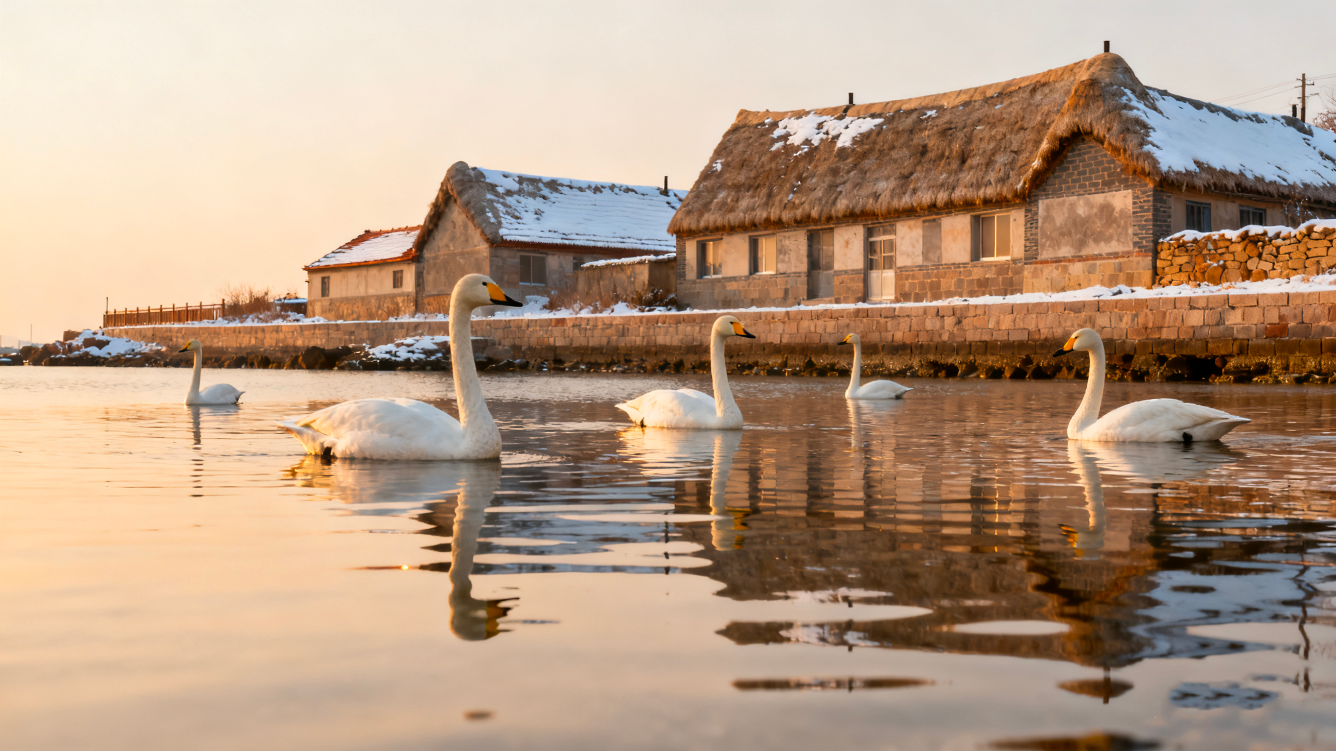 🦢 Swan Encounter: Graceful swans at Rongcheng Yandunjiao with seaweed house backdrop
