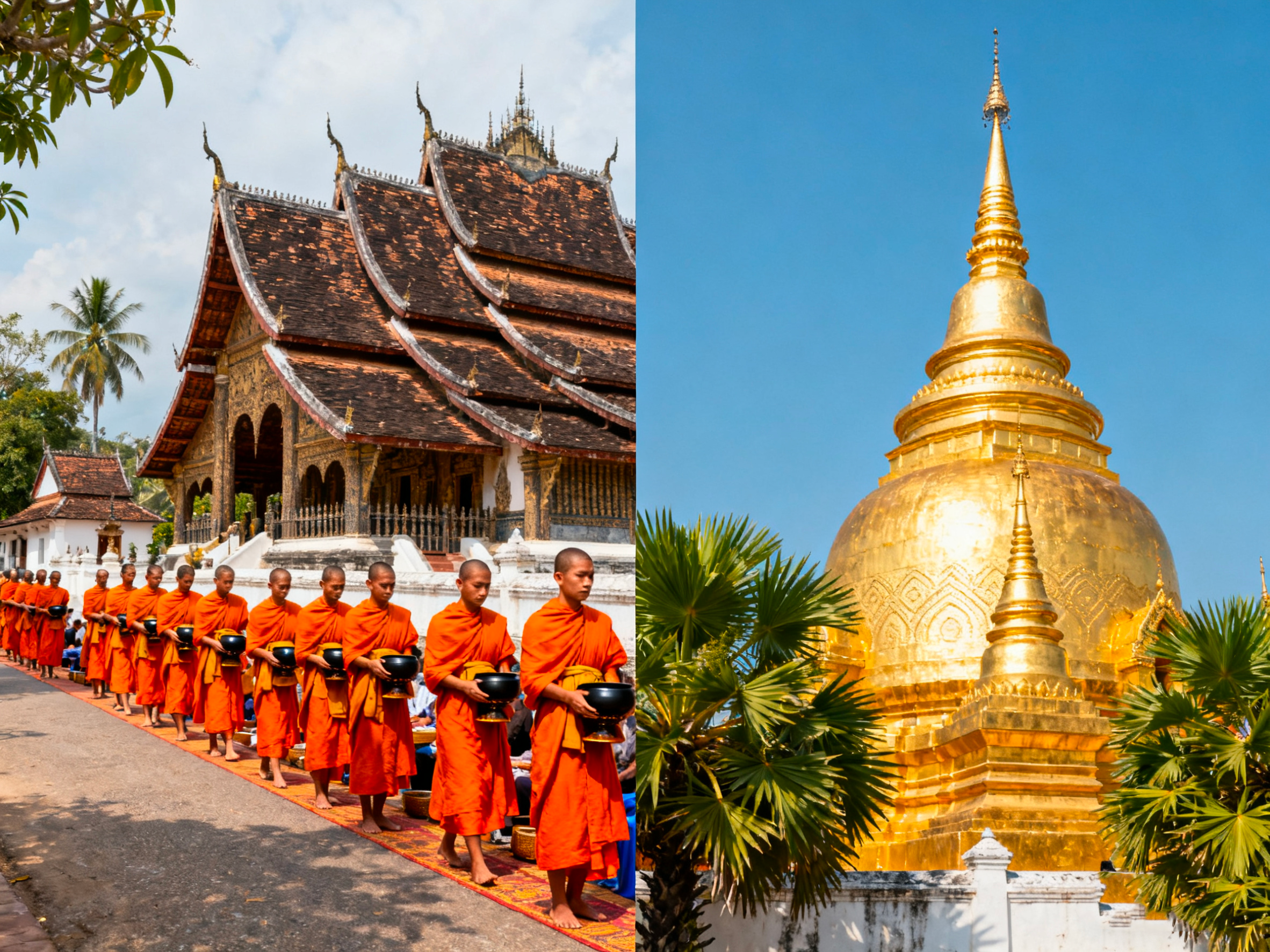 🙏 Spiritual Laos: Witness the serene Alms Giving Ceremony in Luang Prabang and explore the golden stupas of Vientiane.