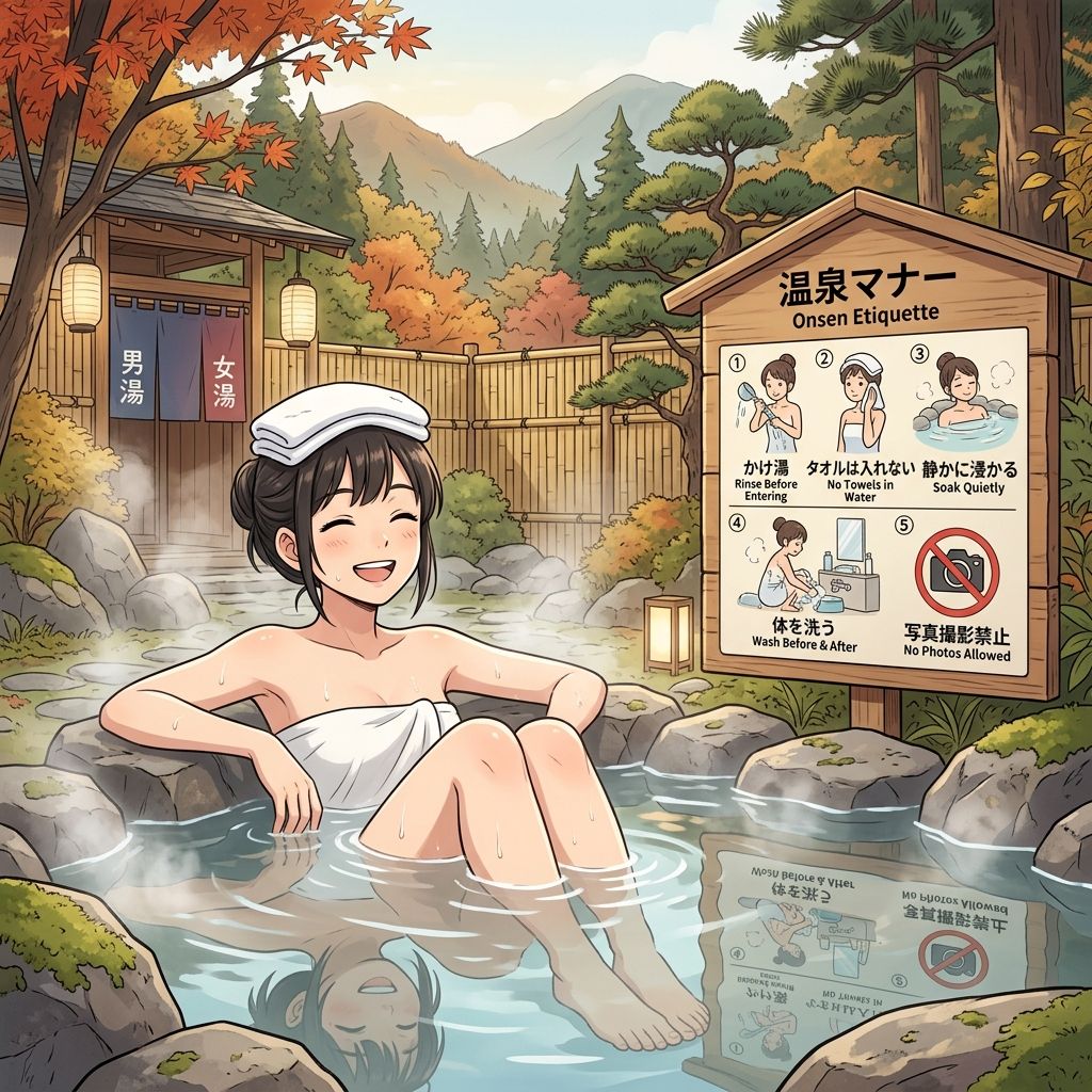Ilustrasi Pelajaran: Budaya Onsen & Sento: Panduan Etika Pemandian Air Panas Jepang