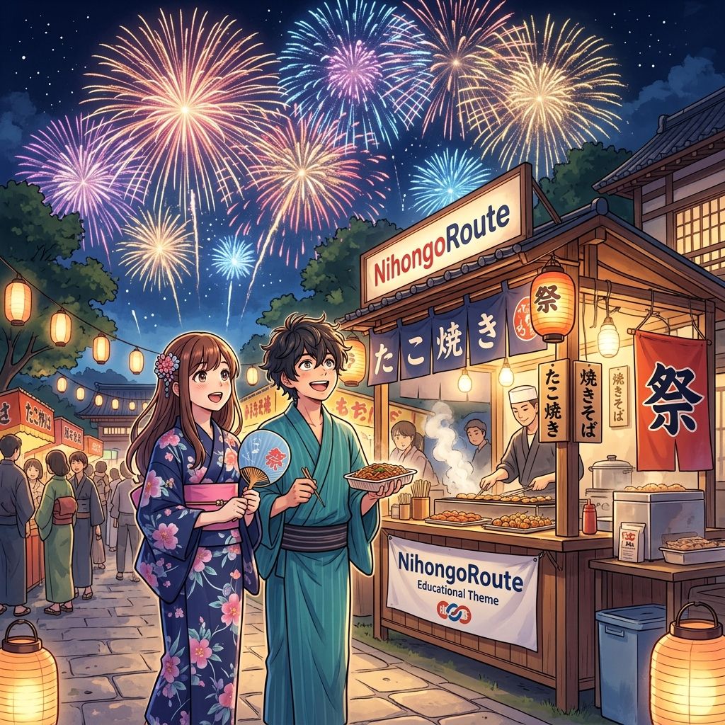 Ilustrasi Pelajaran: Festival Musim Panas Jepang: Hanabi, Yukata, dan Yatai