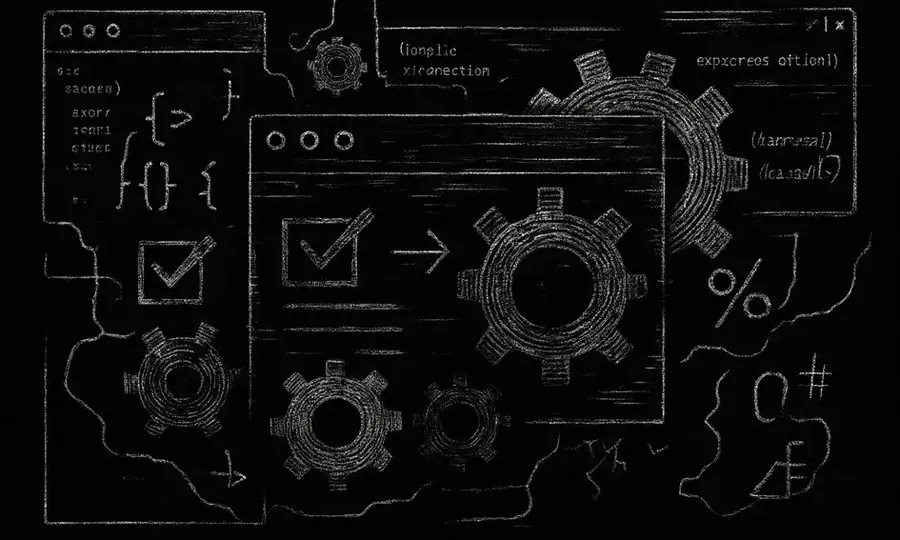 a black and white blueprint of the inner workings building a google chrome extension, gears, checkmarks and code