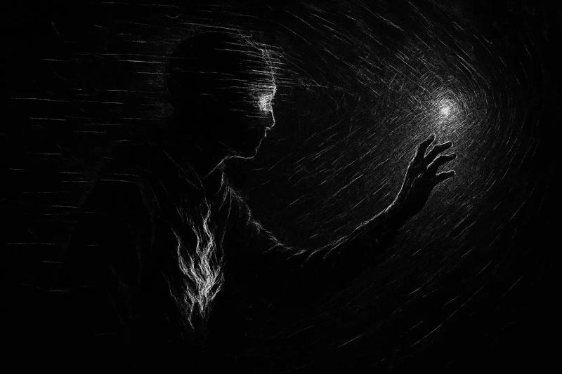 a man in the darkness reaches for the kindling light in the abyss, totally black and white beautiful image