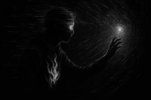 a man in the darkness reaches for the kindling light in the abyss, totally black and white beautiful image