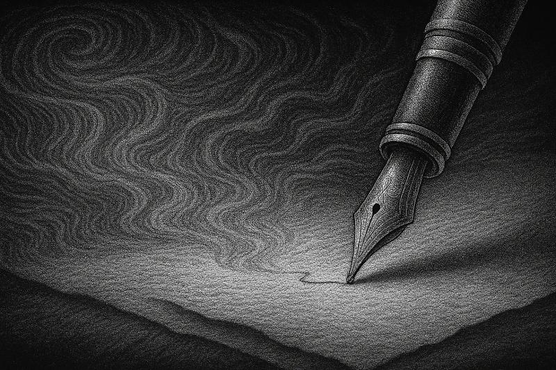 a beautiful image black and white of a ink pen scribing on this textured paper that looks like waves in the ocean