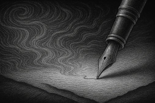 a beautiful image black and white of a ink pen scribing on this textured paper that looks like waves in the ocean