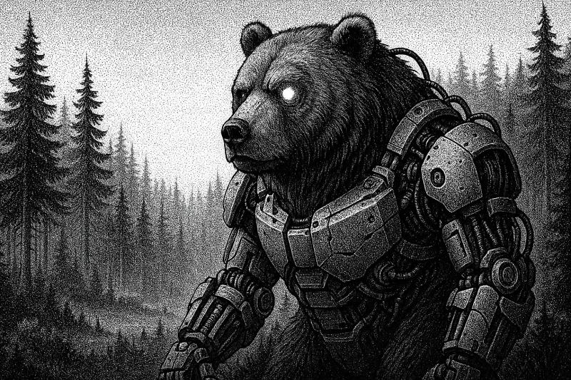 an image of a robotic bear in a forest in black and white with beautiful moon in the background