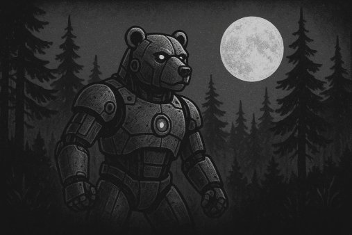 an image of a robotic bear in a forest in black and white with beautiful moon in the background