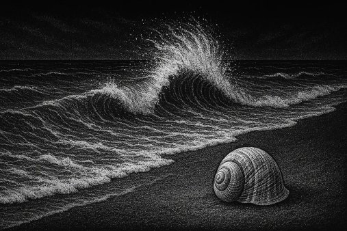 a beautiful black and white depiction of a sea shell lonely on the shore with roaring waves in the background