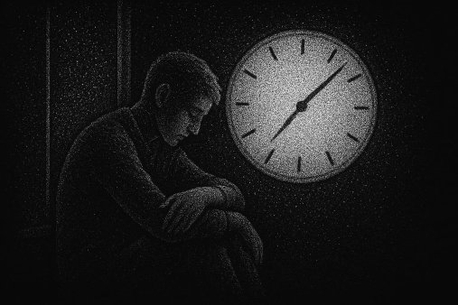 an image of a man and a clock in darkness, black and white beautiful dotted design
