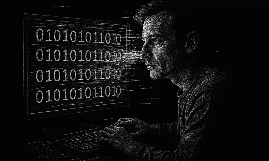 a black and white depiction of a man sitting at a computer looking at a matrix of numbers 100101010101010, representing the author working on his new site