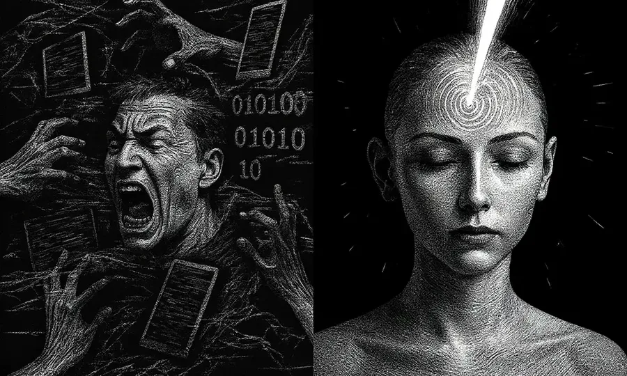 a split screen black and white image of a man frustrated from all the things trying to steal his attention, and an image of a woman with a beaming light from her head representing single-mindedness