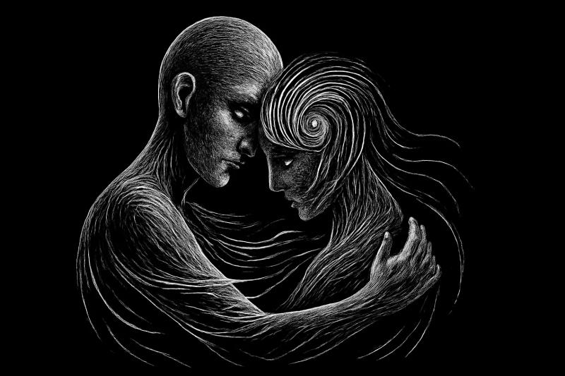 a black and white image of two souls embracing each other in a hug with subtle touch