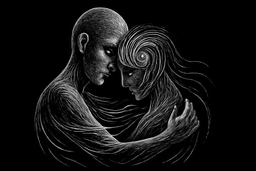 a black and white image of two souls embracing each other in a hug with subtle touch