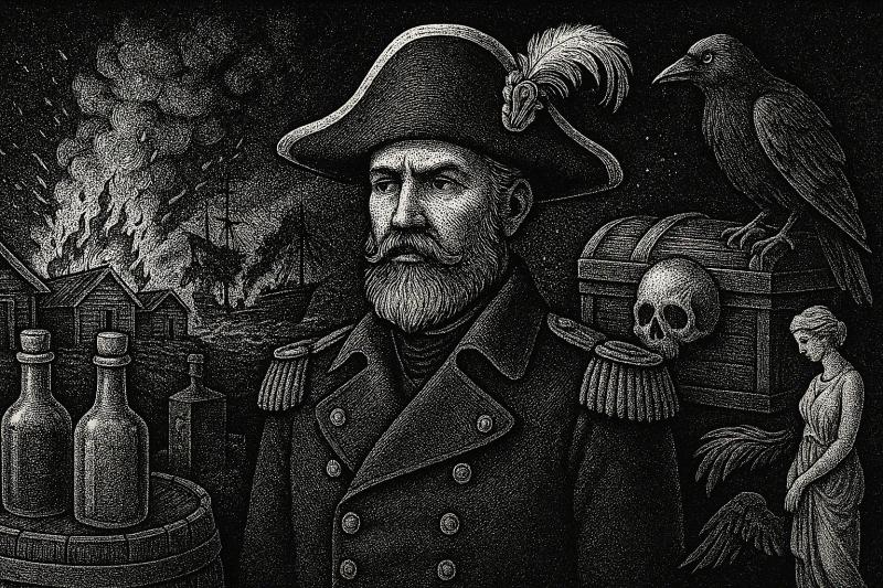 an image of a general pirate with a chest with a skull on it and a raven on top, with a statue of a woman as well as burning houses on the left with bottles on barrels all in black and white