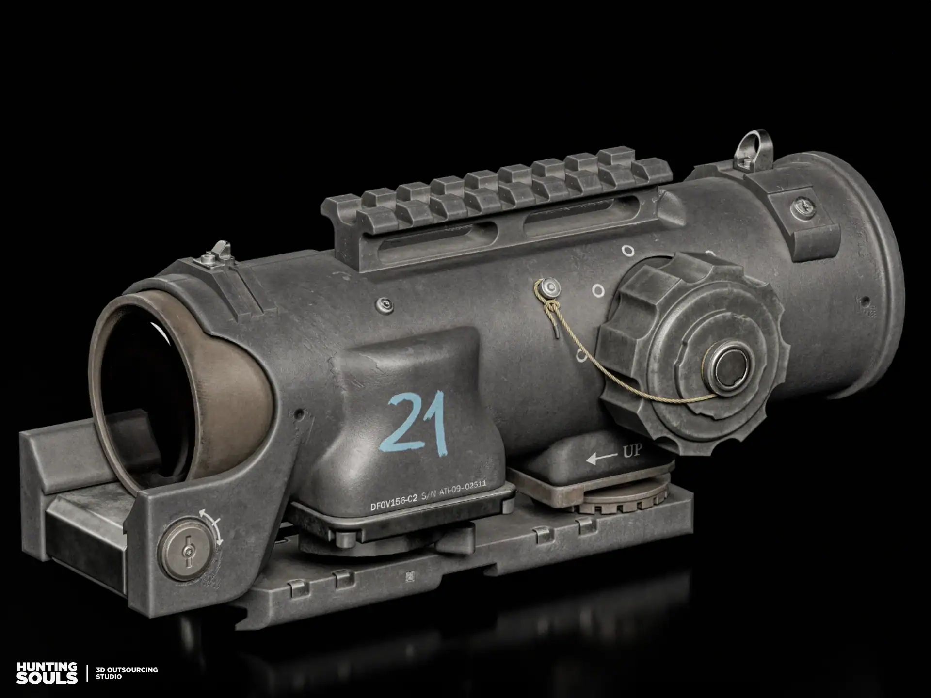 Game-ready 3D tactical optical sight with realistic worn metal materials, detailed hard-surface modeling and PBR texturing
