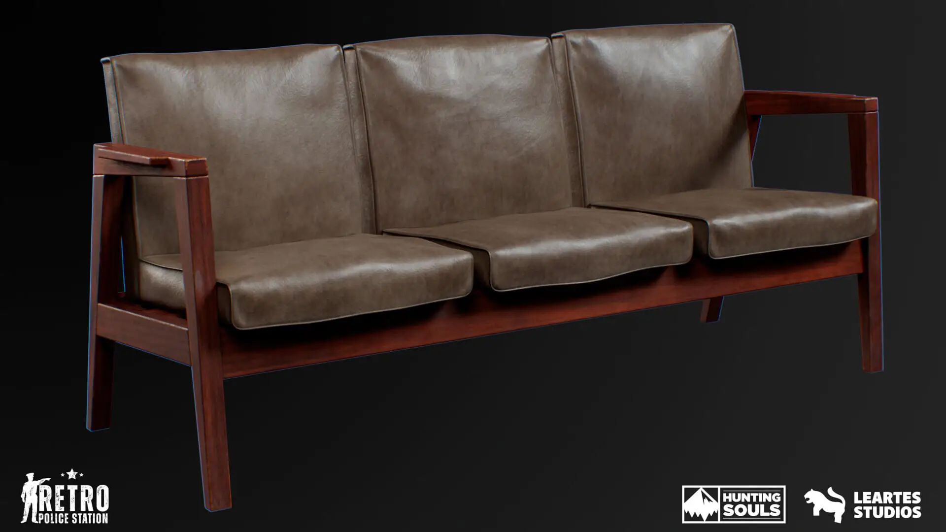 Game-ready 3D leather bench with wooden frame, realistic upholstery and PBR materials for video game environments
