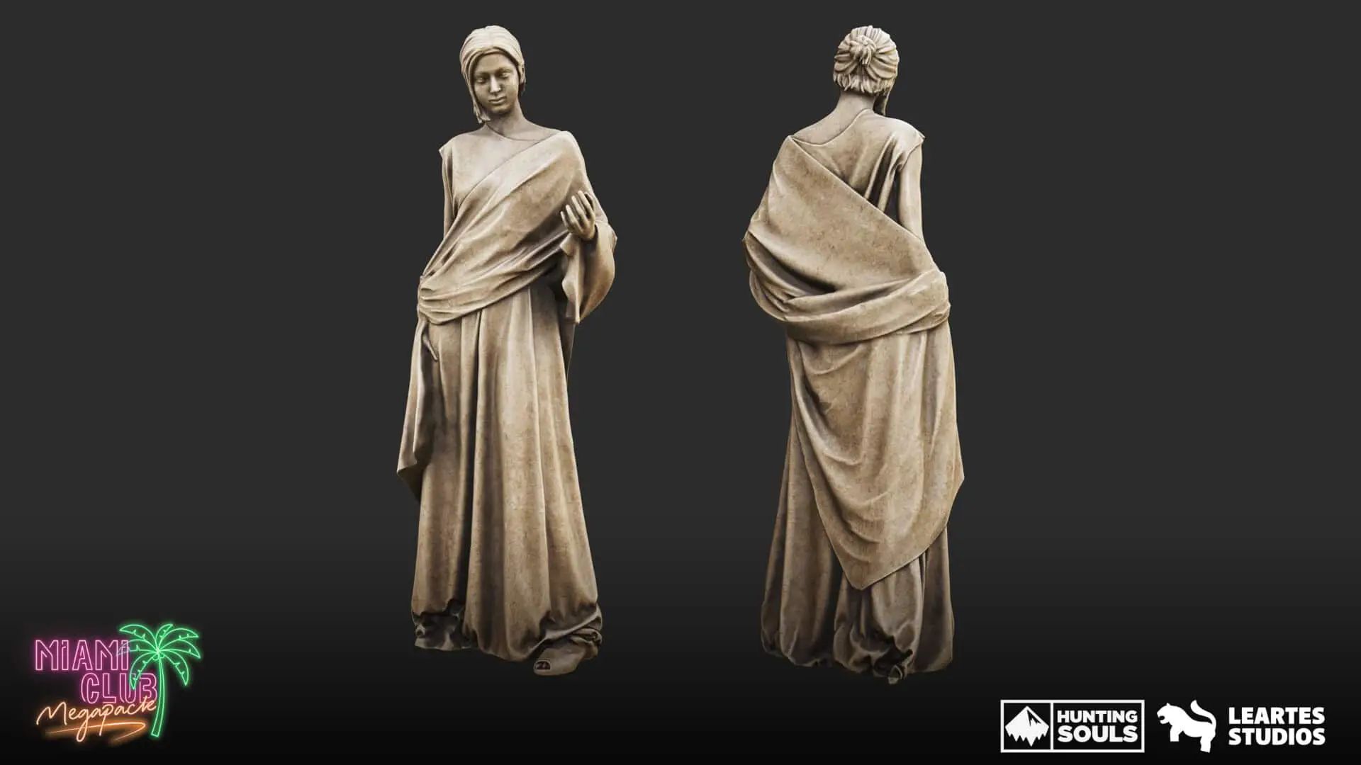 Game-ready 3D female stone statue with detailed cloth sculpting, realistic surface wear and PBR materials for video game environments