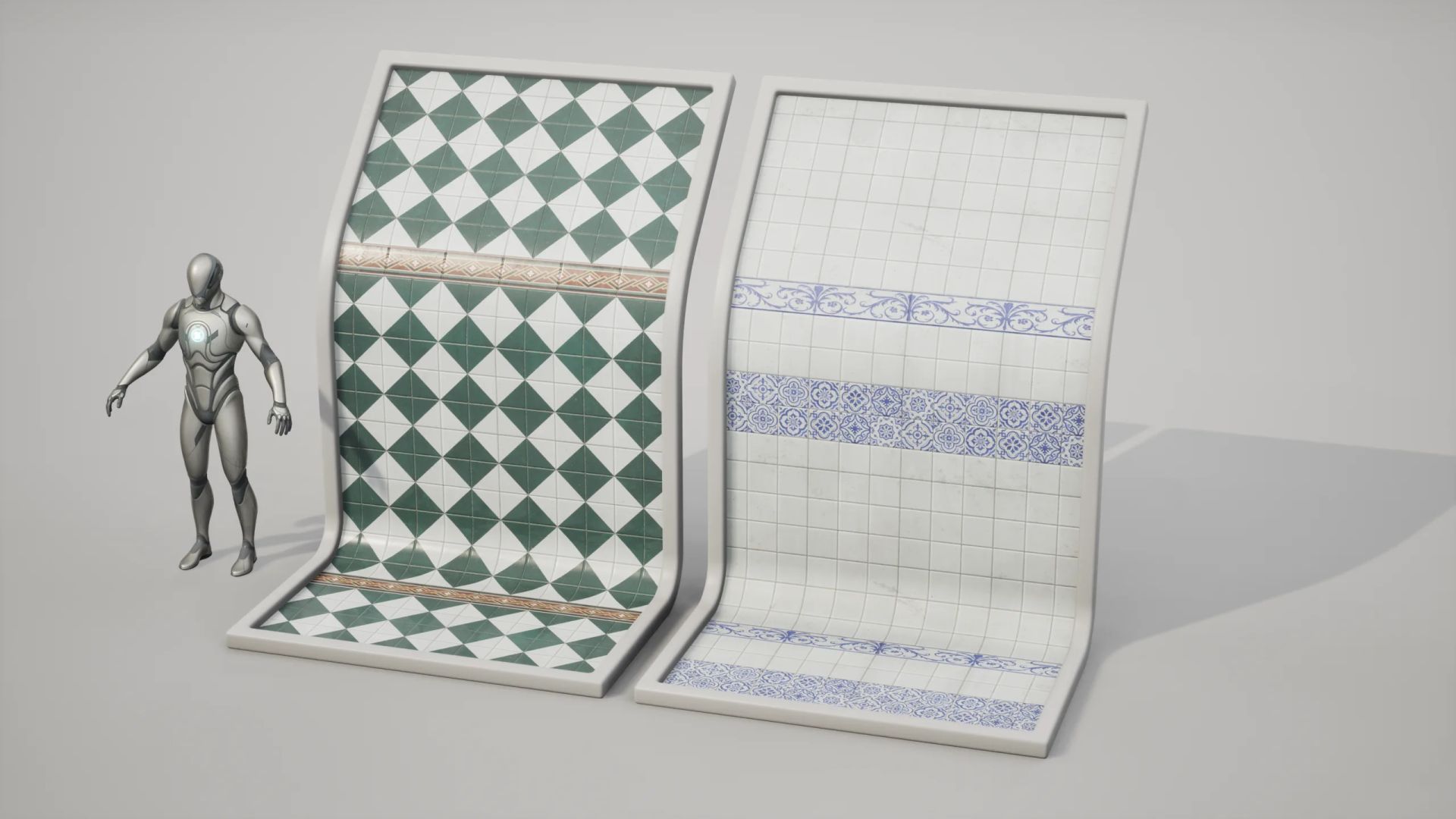 Two tileable PBR materials, green diamond tiles and blue patterned tiles, on curved display boards next to a scale mannequin