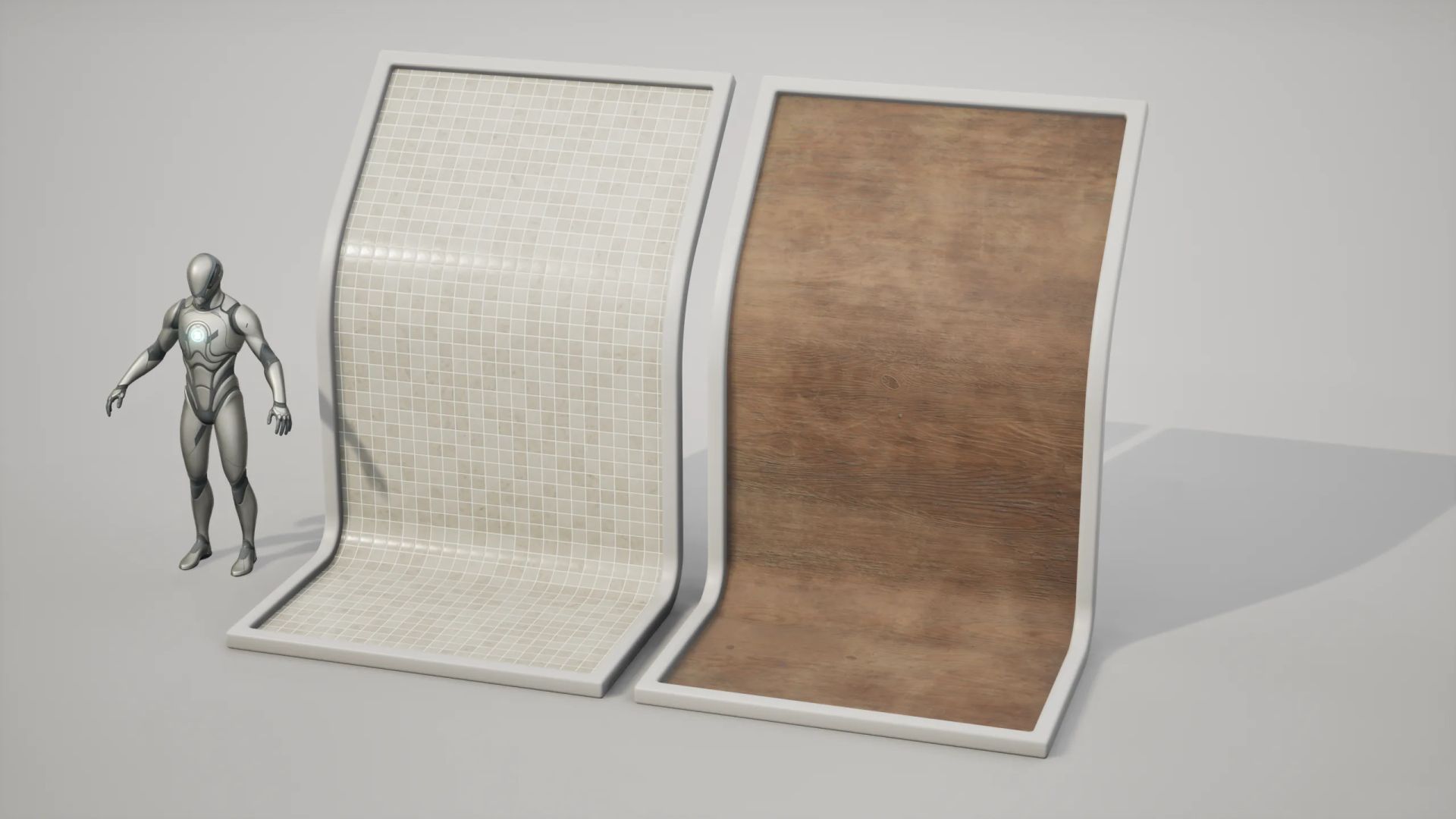 Two tileable PBR materials, mosaic tiles and wood flooring, on curved display boards next to a scale mannequin
