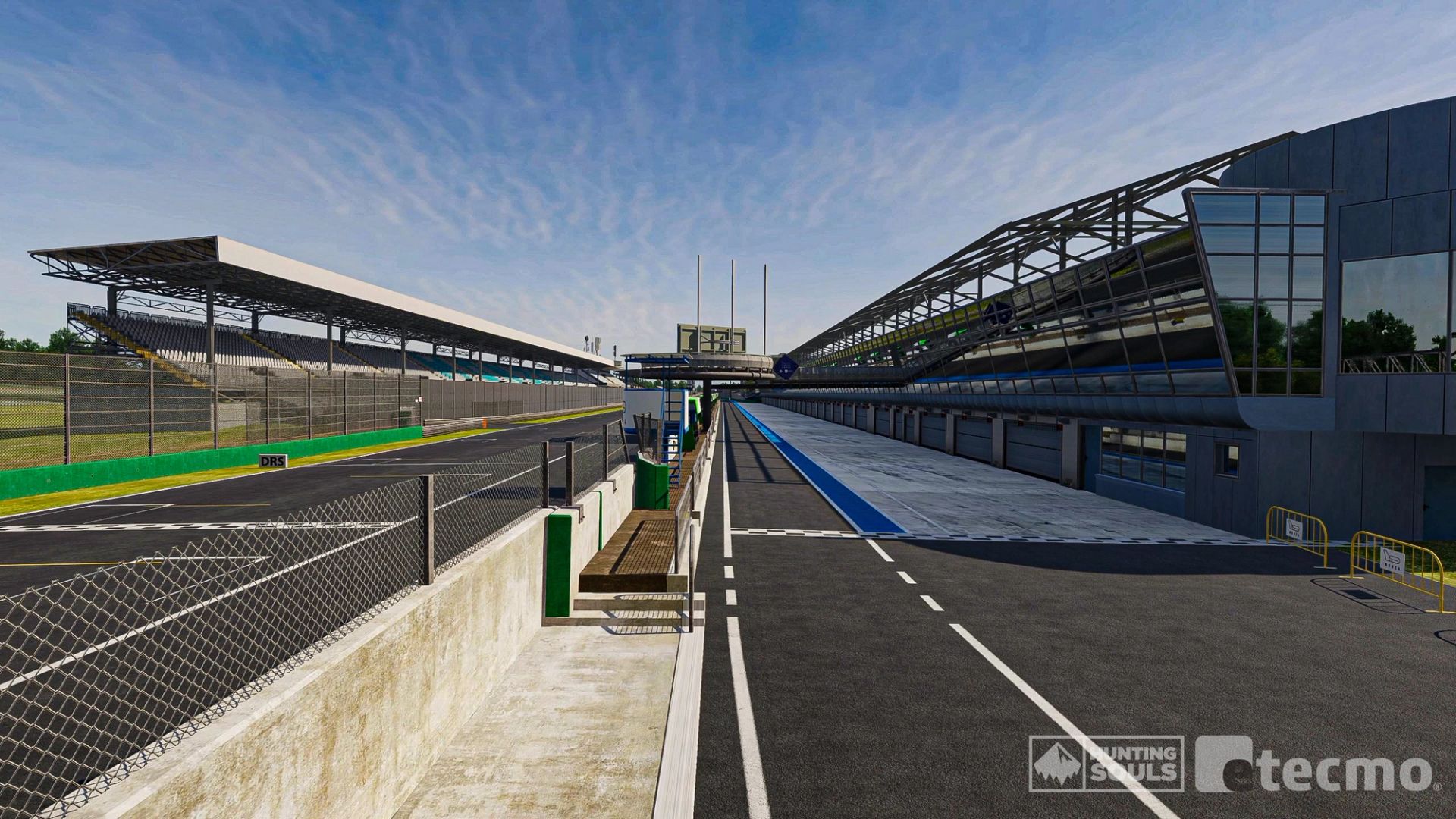 Aerial view of a LiDAR-scanned racing circuit rebuilt in real time by Hunting Souls