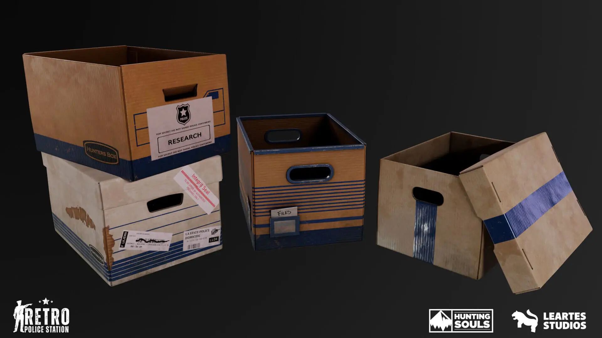 Game-ready 3D cardboard storage box props with realistic worn materials, labels and PBR texturing for video game environments