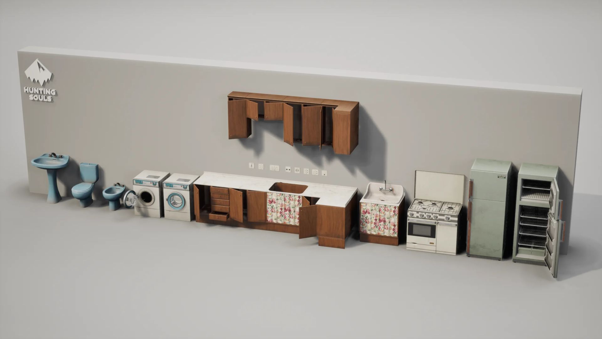 Line-up of kitchen and bathroom props: washbasin, toilet, washing machines, kitchen units, sink, gas stove and vintage fridges