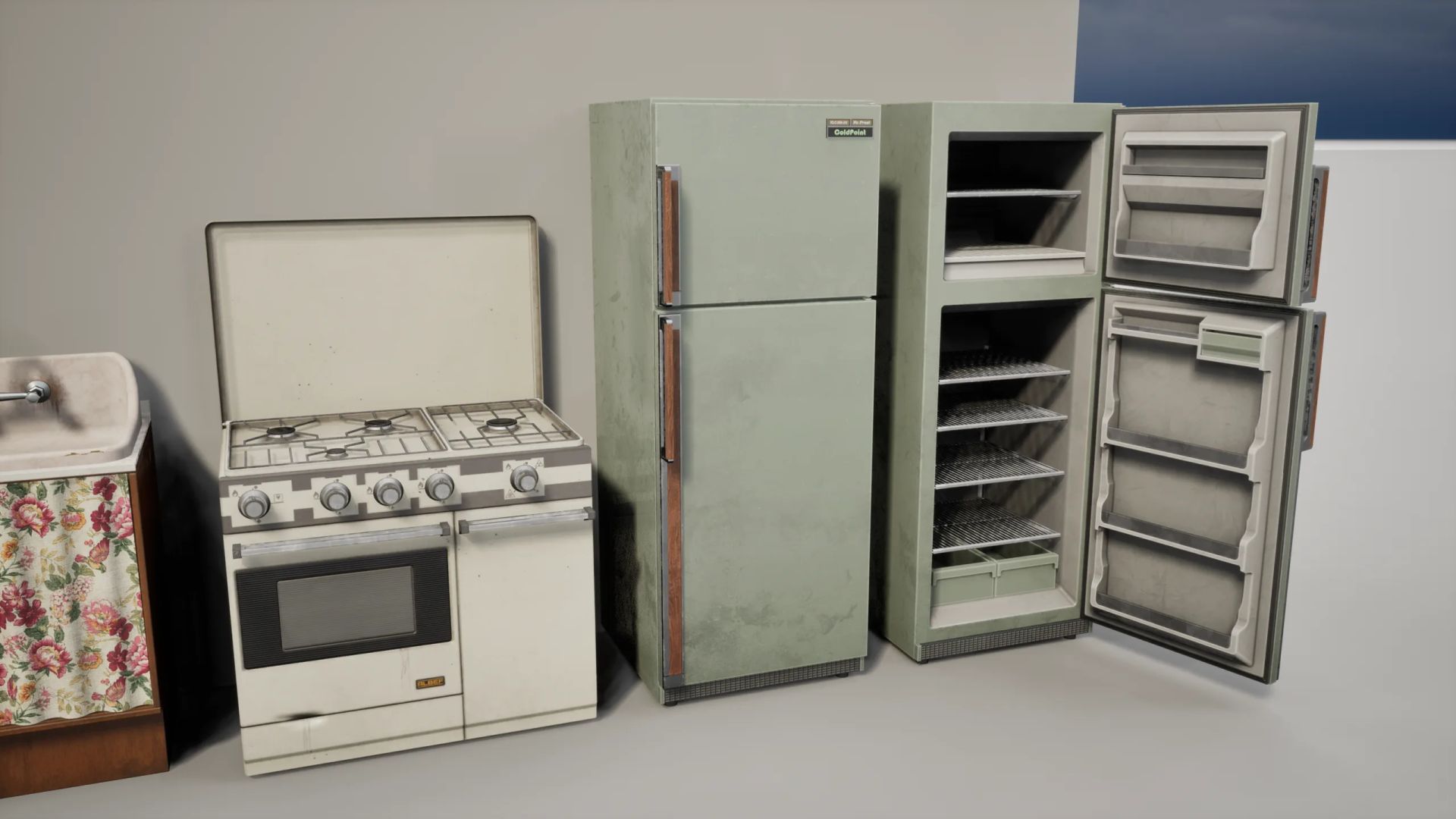 Close-up of a vintage gas stove and two pale green fridges, one open